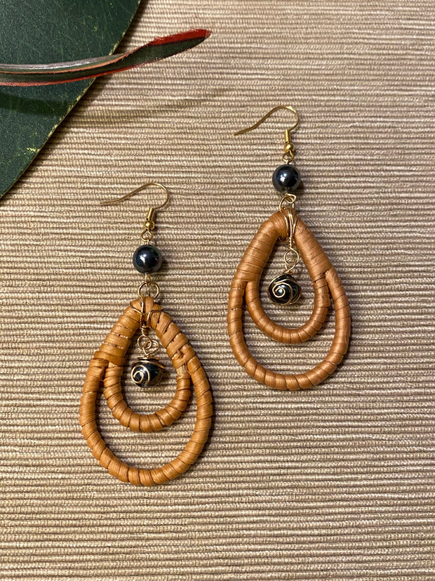 Handmade Double Loop Rattan Black Pearl Earrings