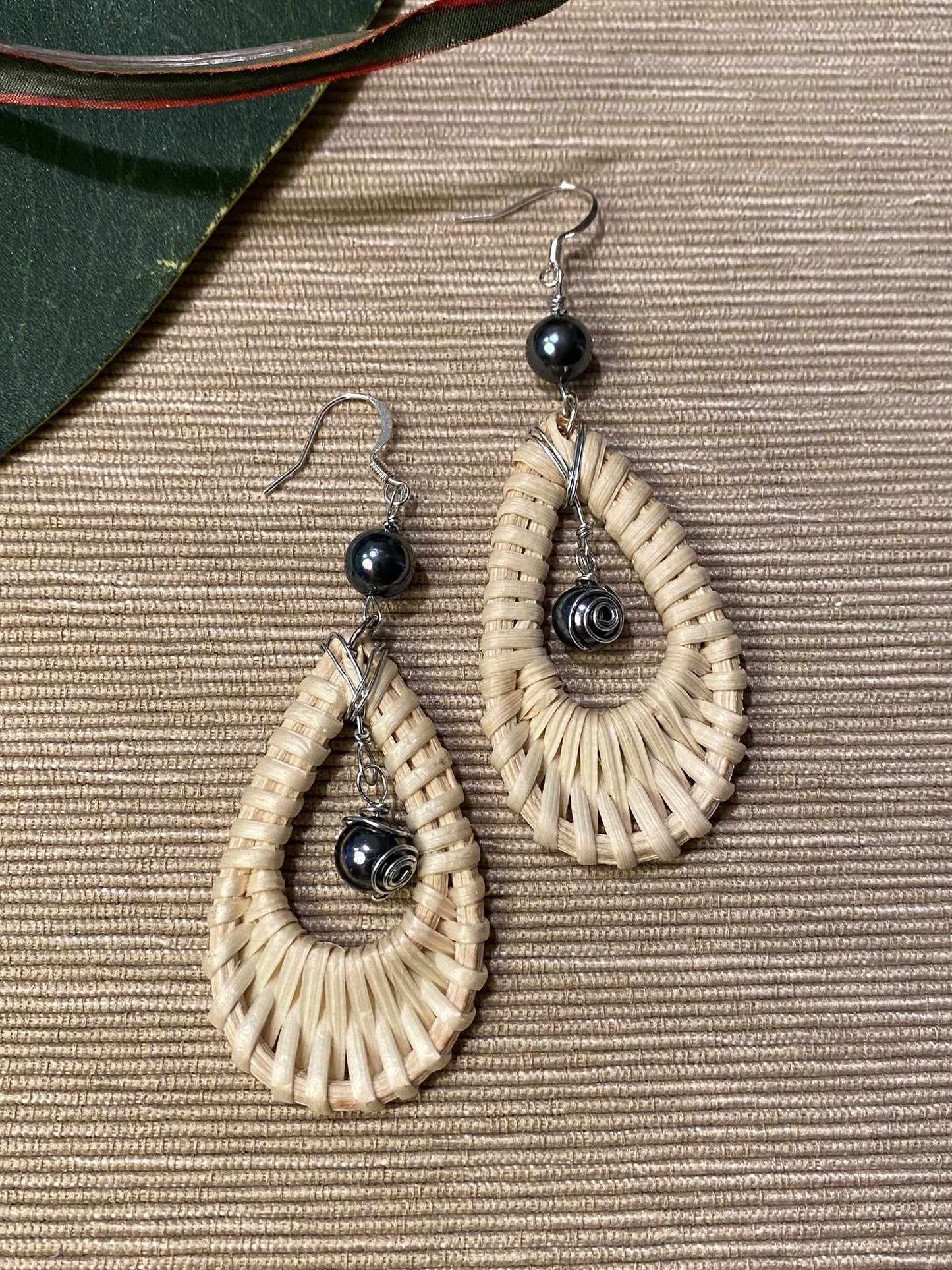 Handmade Single Loop White Rattan Black Pearl Earrings